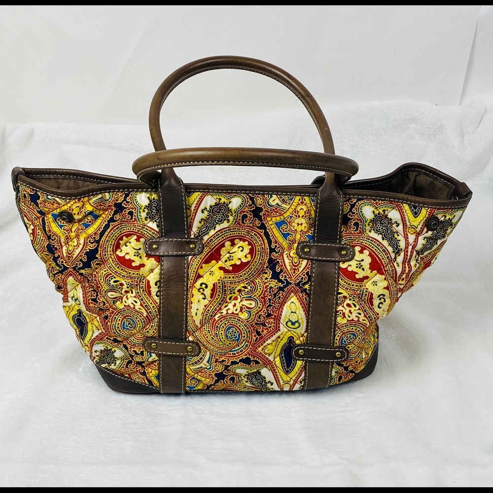J Crew Silk Leather Purse Tote Bag Paisley Brown